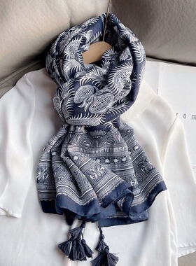 壮族复古蓝色民族图腾印花斜纹棉围巾 丝巾纱巾披肩装饰品礼品