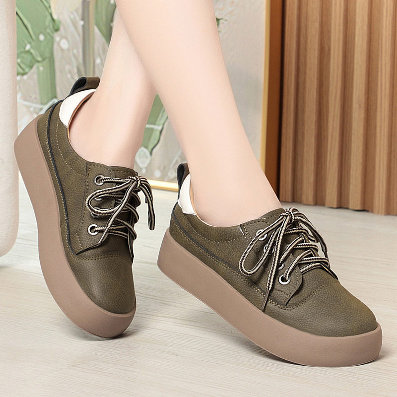 磨砂皮双鞋带面包板鞋女秋新款厚底软底复古百搭小白鞋