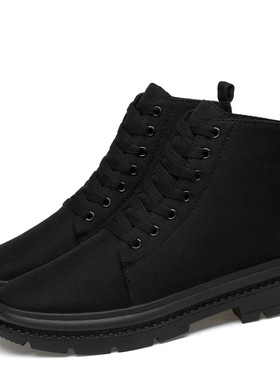 18335男鞋内增高马丁靴冬高帮系带防水帆布面短靴加绒保暖休闲靴