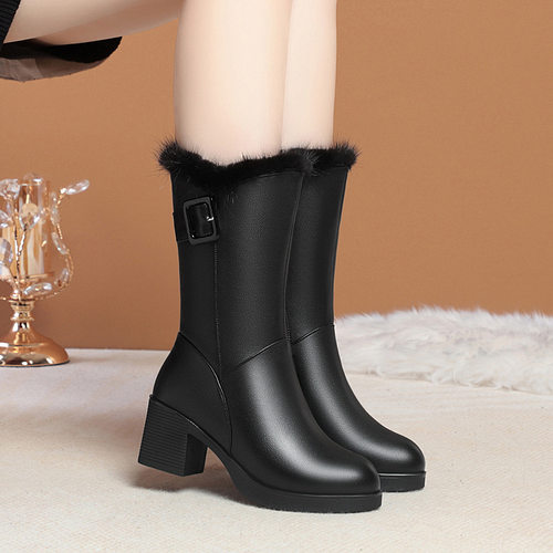 真牛皮秋冬季羊毛女士中筒靴高跟中矮跟防滑皮靴马靴保暖棉靴子女