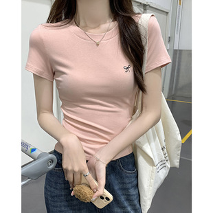 正肩甜辣学生圆领打底上衣 蝴蝶结刺绣短袖 T恤女2025夏季 新款 修身
