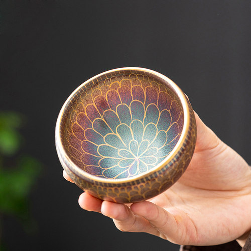 建盏主人杯纯手工铁胎中式佛莲盏