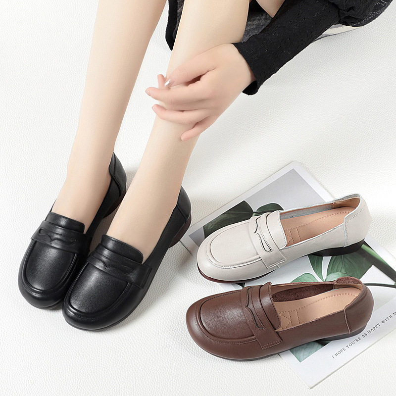 春秋新款真皮单鞋女平底中老年牛筋软底妈妈鞋一脚蹬乐福鞋小皮鞋,运动鞋new,运动休闲鞋,淘宝优惠券,粉丝福利购,淘宝优惠卷