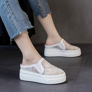 女士半拖鞋女学生内增高夏季透气松糕女鞋网纱镂空包头厚底休闲鞋