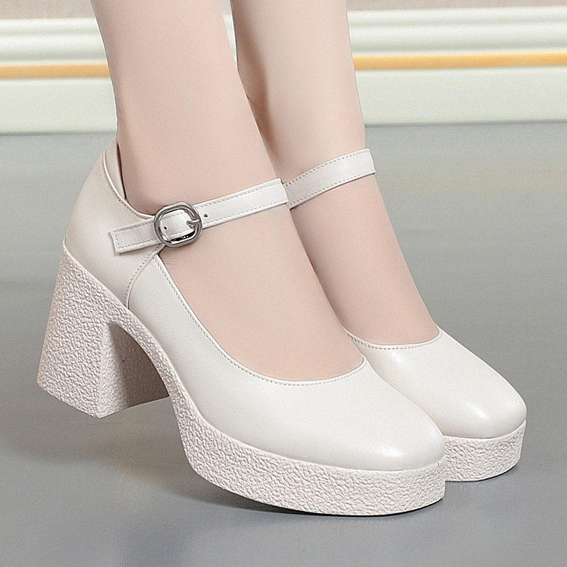 模特厚底防水台白色走秀高跟鞋A女鞋子不累脚软皮单鞋粗跟女士皮