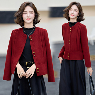 红色小香风双面羊绒大衣女高级感2025新款春季短款西装毛呢外套