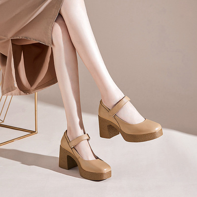 春夏高跟鞋女新款真皮不累脚女鞋粗跟软底玛丽珍小皮鞋配裙子单鞋