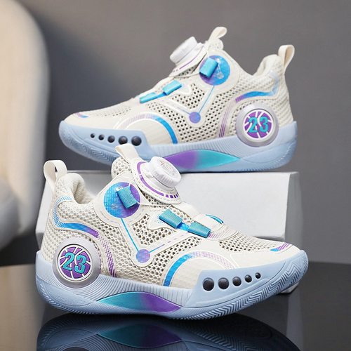 男童鞋子运动网鞋旋转纽扣青少年透气网面减震儿童篮球鞋学生