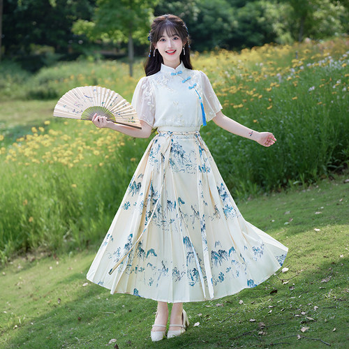 汉服女改良夏款日常汉元素新中式国风短袖衬衫马面裙套装