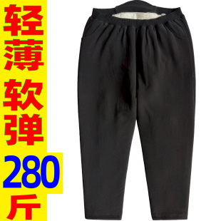 轻便外穿驼绒薄棉裤 特体胖妈轻薄纯黑夹棉外裤 老年奶奶加肥加大码