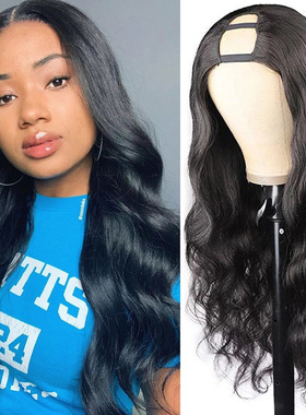 U Part human hair body Wig机制中分缝真人假发曲发头套