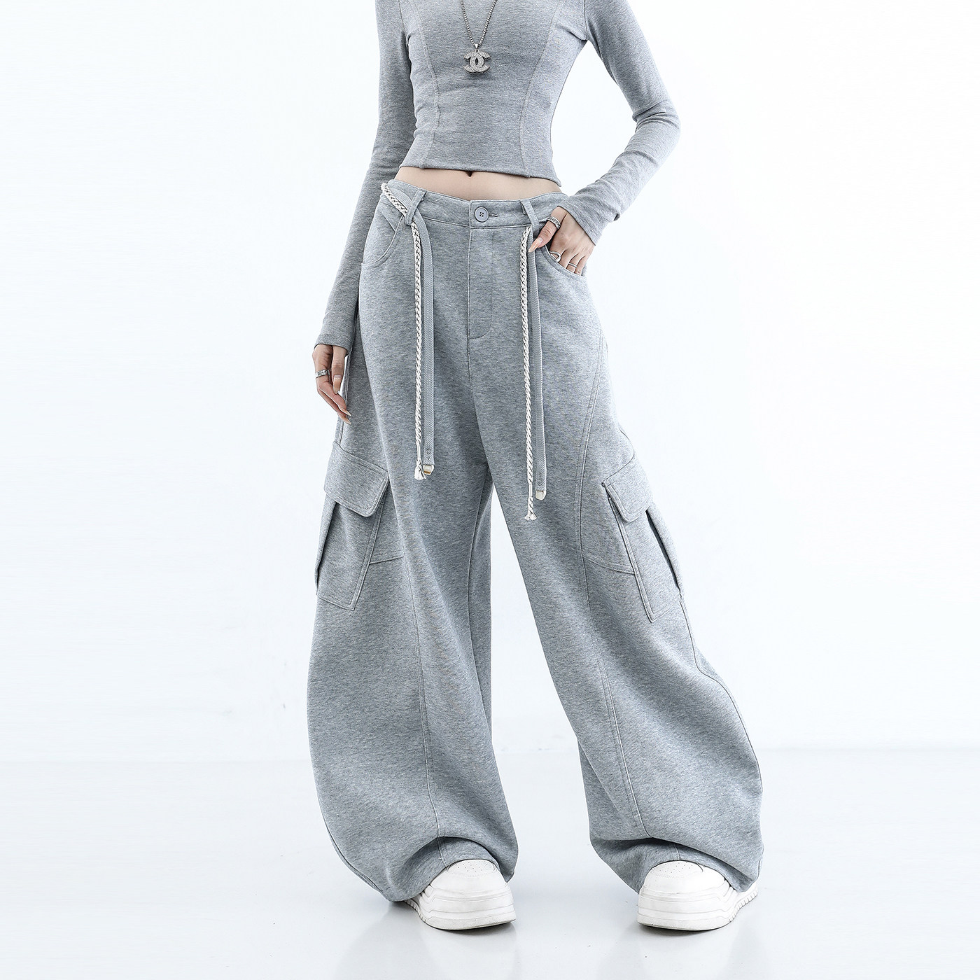 2026春秋新款灰色阔腿裤女宽松系带运动裤休闲工装卫裤长裤子,女装/女士精品,休闲裤,淘宝优惠券,粉丝福利购,淘宝优惠卷