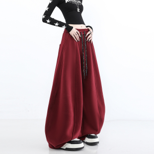 酒红色长裤 女宽松垂感百搭休闲裤 保暖 复古高腰阔腿裤 2025棉质秋季