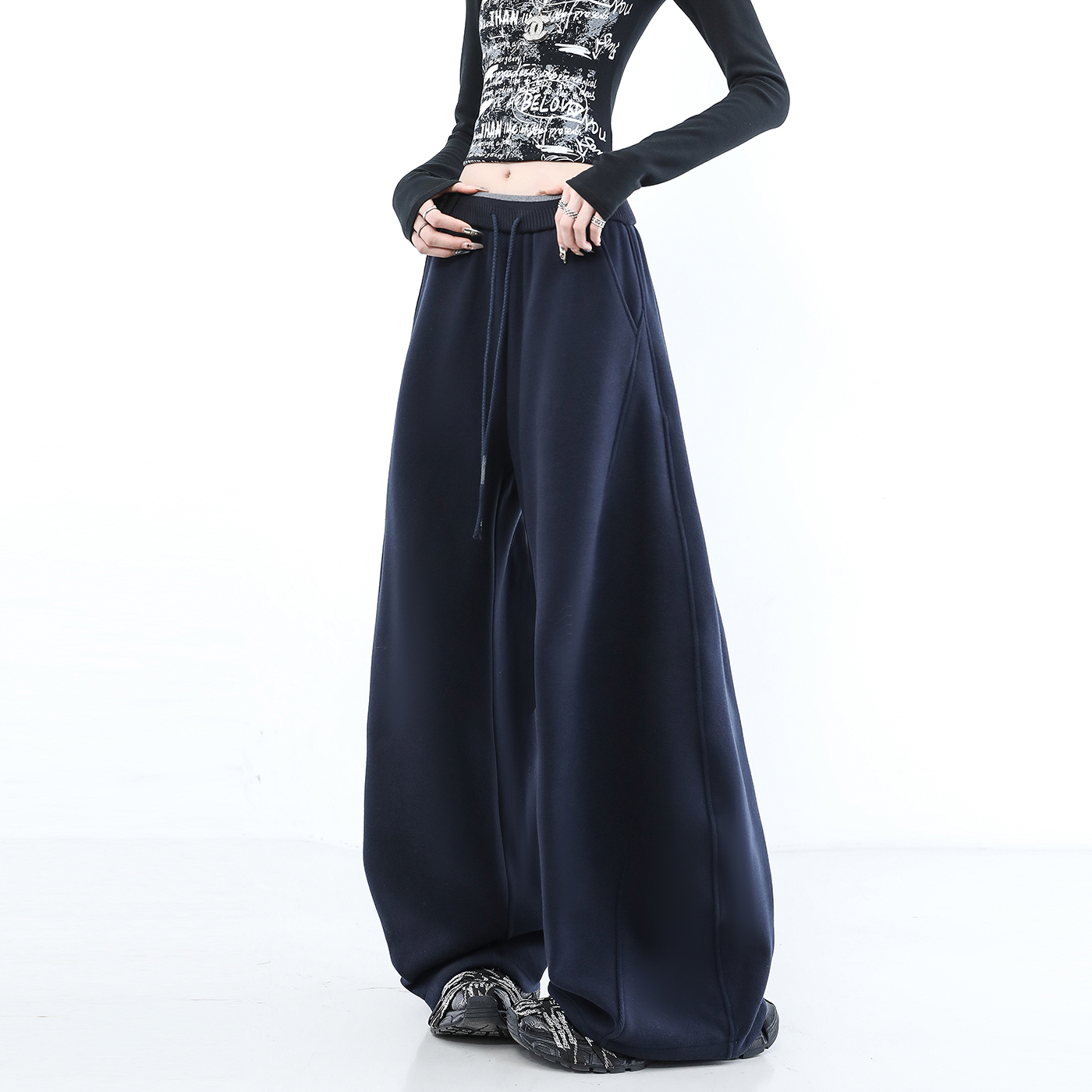 加绒卫裤、休闲阔腿裤、高腰