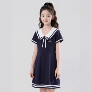 女童连衣裙夏季休闲学院风海军领裙子中大童运动女孩公主裙夏装裙