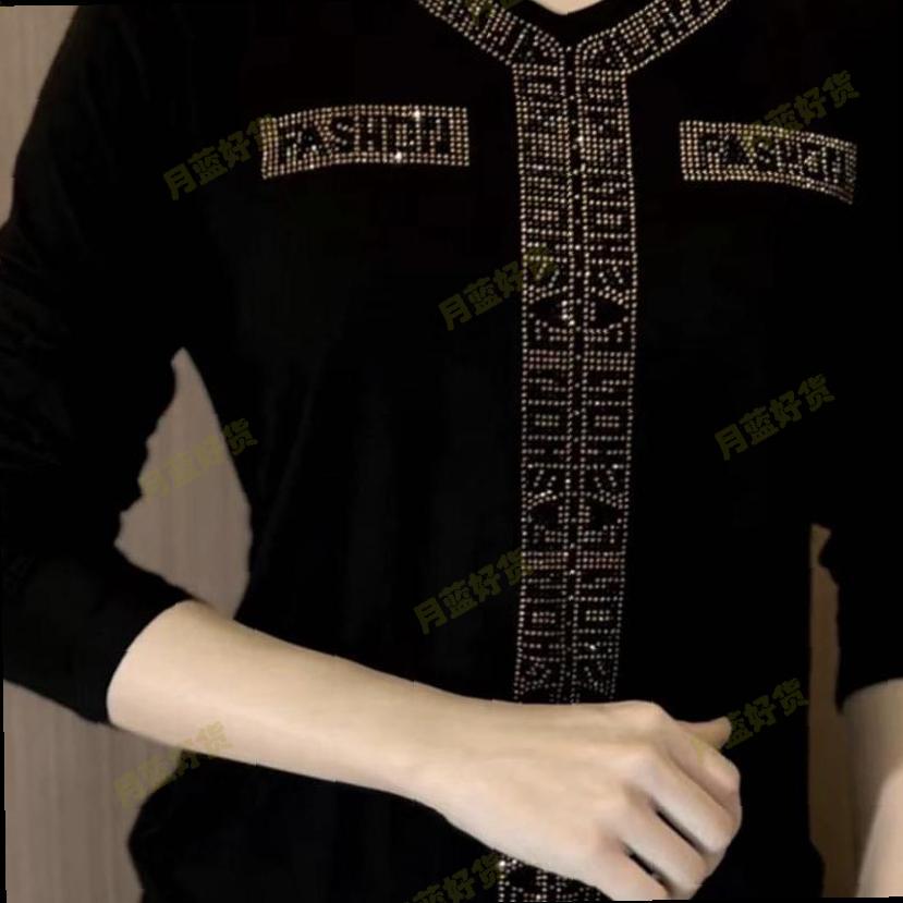 秋冬保暖德绒V领烫钻长袖遮肚修身显瘦减龄洋气质小衫妈妈装上衣