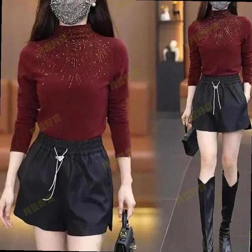 半高领长袖打底衫女秋冬2025新款枣红色上衣高级感烫钻修身打底衣