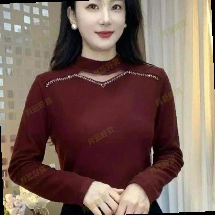 气质半高领烫钻长袖T恤女秋冬百搭一体绒保暖上衣中年妈妈德绒衫