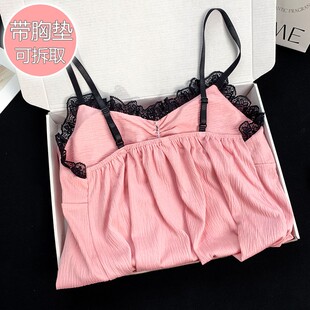 吊带睡裙女夏季 梭织棉带胸垫女士学生花边绿色家居服睡衣裙子夏天