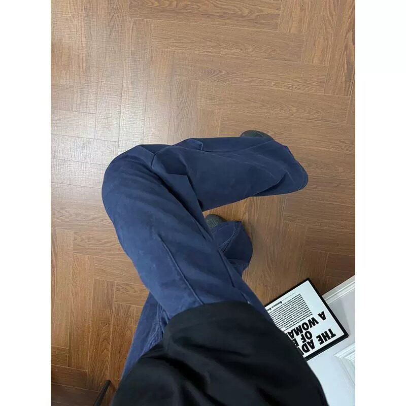 藏蓝色美式褶皱工装裤男秋季薄款休闲裤子潮牌痞帅高街时尚直筒裤