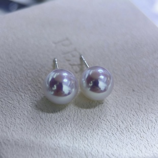 小灯泡天然珍珠耳钉正圆无瑕镜面极强光淡水akoya空姐纯银耳饰女