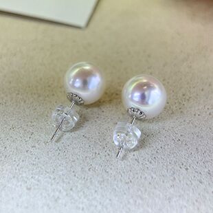澳白珍珠耳钉天然海水南洋白珠8-9mm正圆强光极细微瑕冷白光18k金