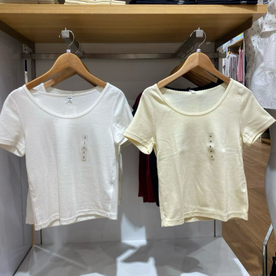 日系夏季新款上衣女装罗纹圆领短T恤/短袖春夏新款485025