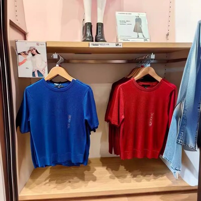 日系女装春秋精纺美利奴圆领五分袖休闲毛针织衫空调衫483007