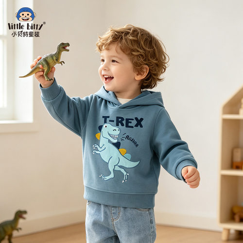 男童连帽卫衣26年秋冬款卡通霸王龙刺绣儿童运动衫欧美套头童装