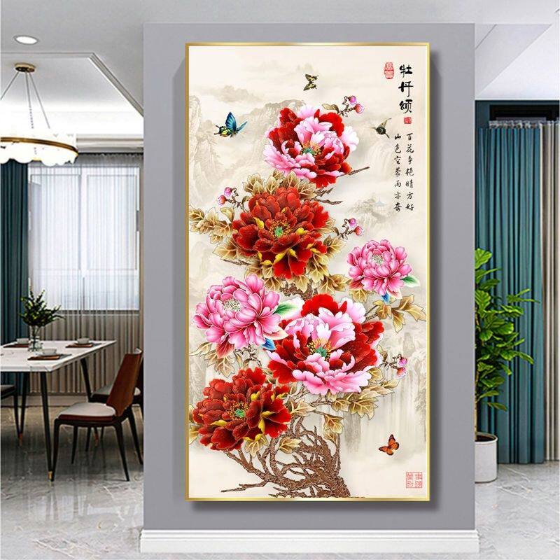 牡丹颂十字绣新款竖版玄关客厅线绣花开富贵吉祥刺绣蒙娜丽莎手工