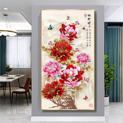 牡丹颂十字绣新款竖版玄关客厅线绣花开富贵吉祥刺绣蒙娜丽莎手工