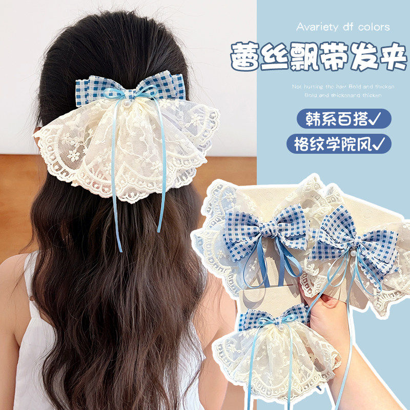 茜紫韩系女童蓝白蝴蝶结发夹