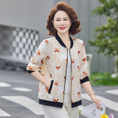 小个子妈妈春装休闲薄款外套中老年女开衫单上衣洋气短款碎花夹克