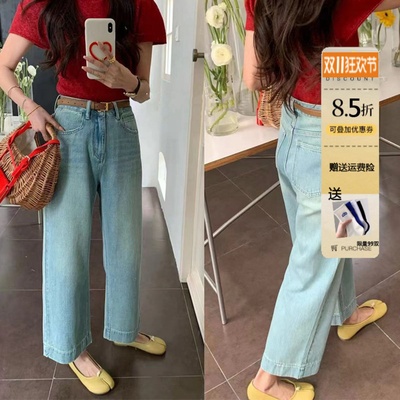 浅蓝色直筒牛仔裤女2025春夏薄款高腰宽松九分阔腿奶奶裤子82217