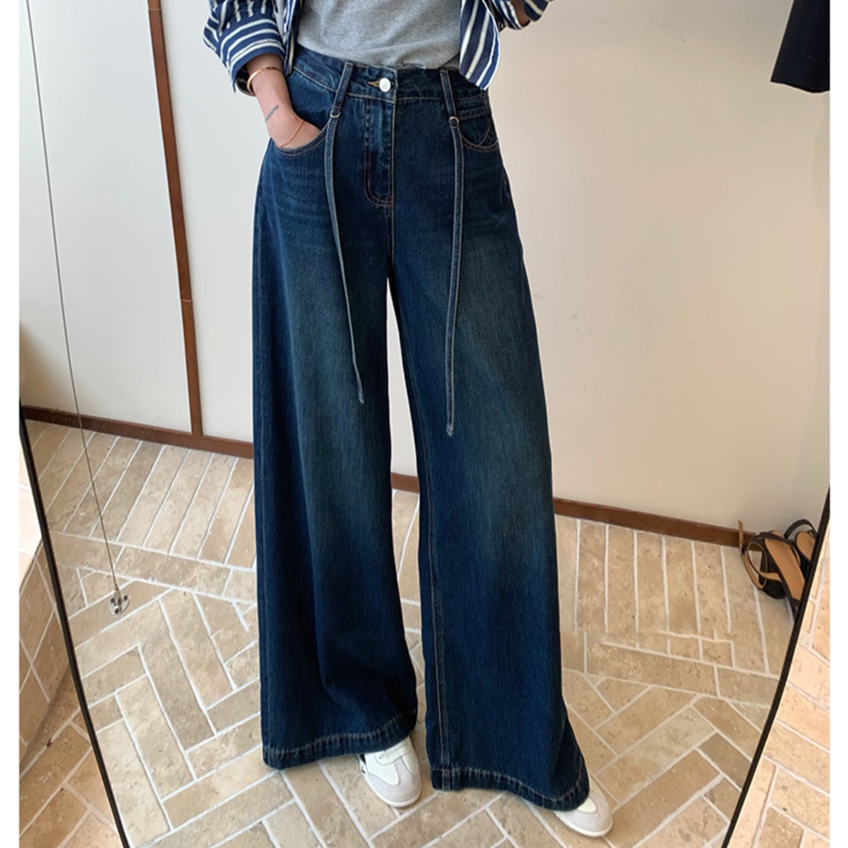 深蓝色阔腿牛仔裤女直筒拖地裤