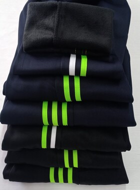 校服裤子藏蓝色加绒加厚冬季运动长裤高中小学生宽松绿条直筒校裤