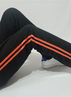 校服裤子薄款宽松直口运动长裤高中小学双橙条两道橙色杠黑色校裤