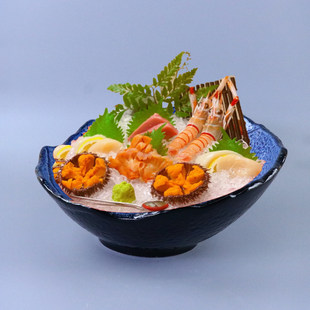 复古陶瓷鲑鱼刺身碗 海鲜拼盘创意不规则沙拉碗 日料烤肉店餐具
