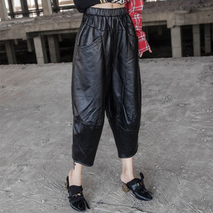 女松紧腰显瘦纯色九分PU潮休闲百搭 洋气皮裤 2025秋冬新款 时尚