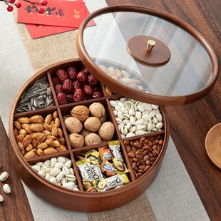 新年果盘九宫格带盖干果实木质中式高级感果盘家用客厅茶几糖果盒