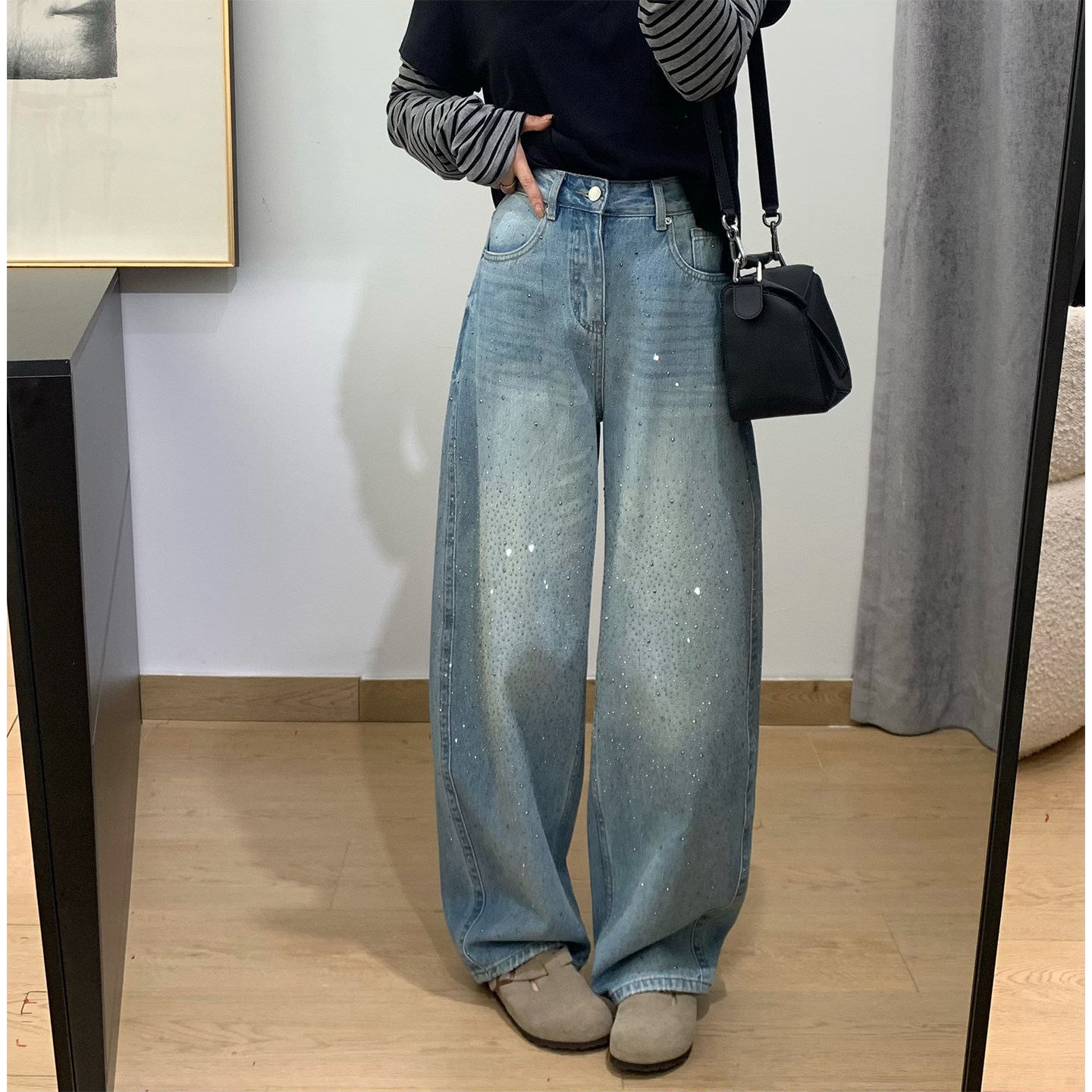烫钻直筒阔腿牛仔裤女图片