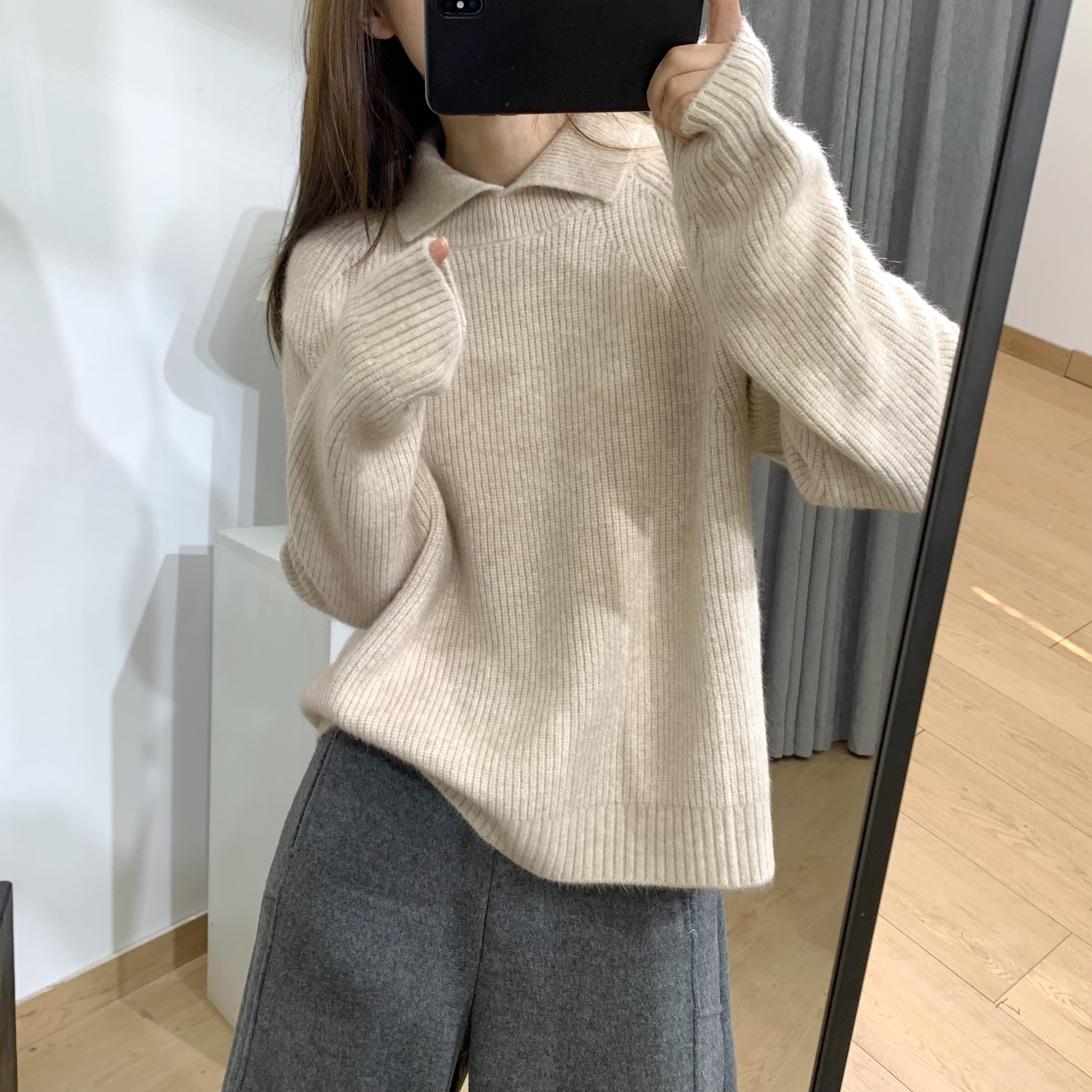 慵懒风翻领加厚毛衣针织衫