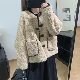 细米定制小香风毛毛外套女秋冬圆领百搭加厚皮毛一体羊羔毛短上衣