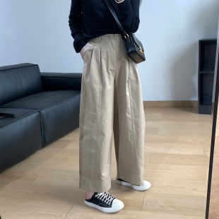 细米定制~100棉立体双褶宽边九分宽松直筒休闲裤高腰百搭阔腿裤女