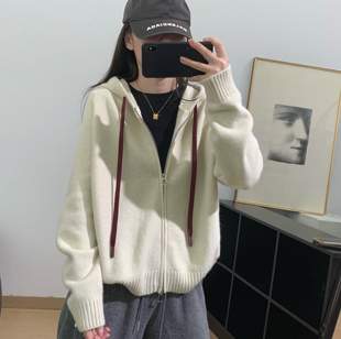 细米定制软糯绒感双拉链毛衣外套休闲风宽松百搭显瘦连帽针织开衫