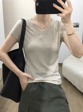 细米定制miao变直角肩~天丝羊毛V领短袖T恤夏季薄款透气显瘦上衣