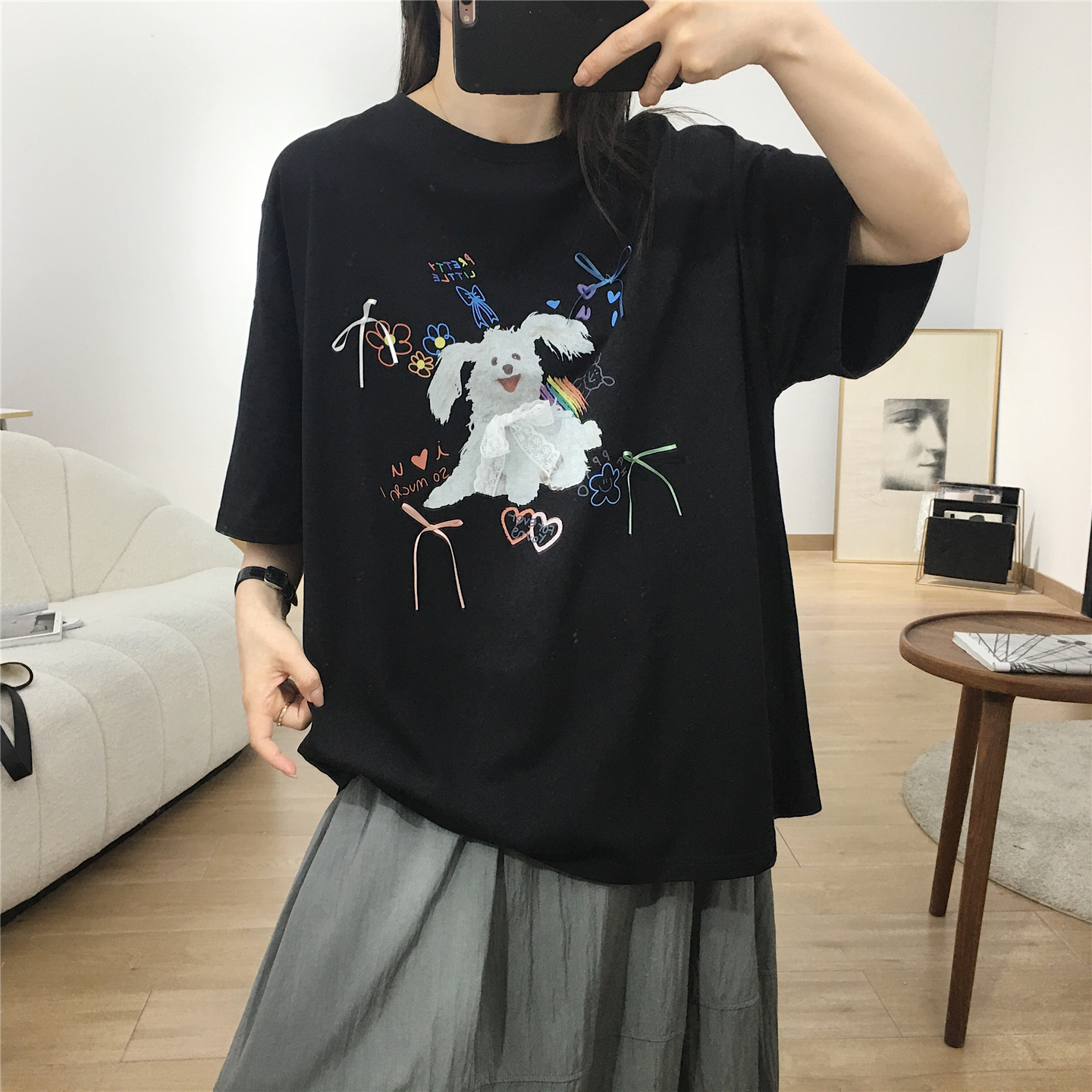 细米定制~俏皮减龄小狗印花纯棉短袖T恤夏季新款宽松显瘦圆领上衣
