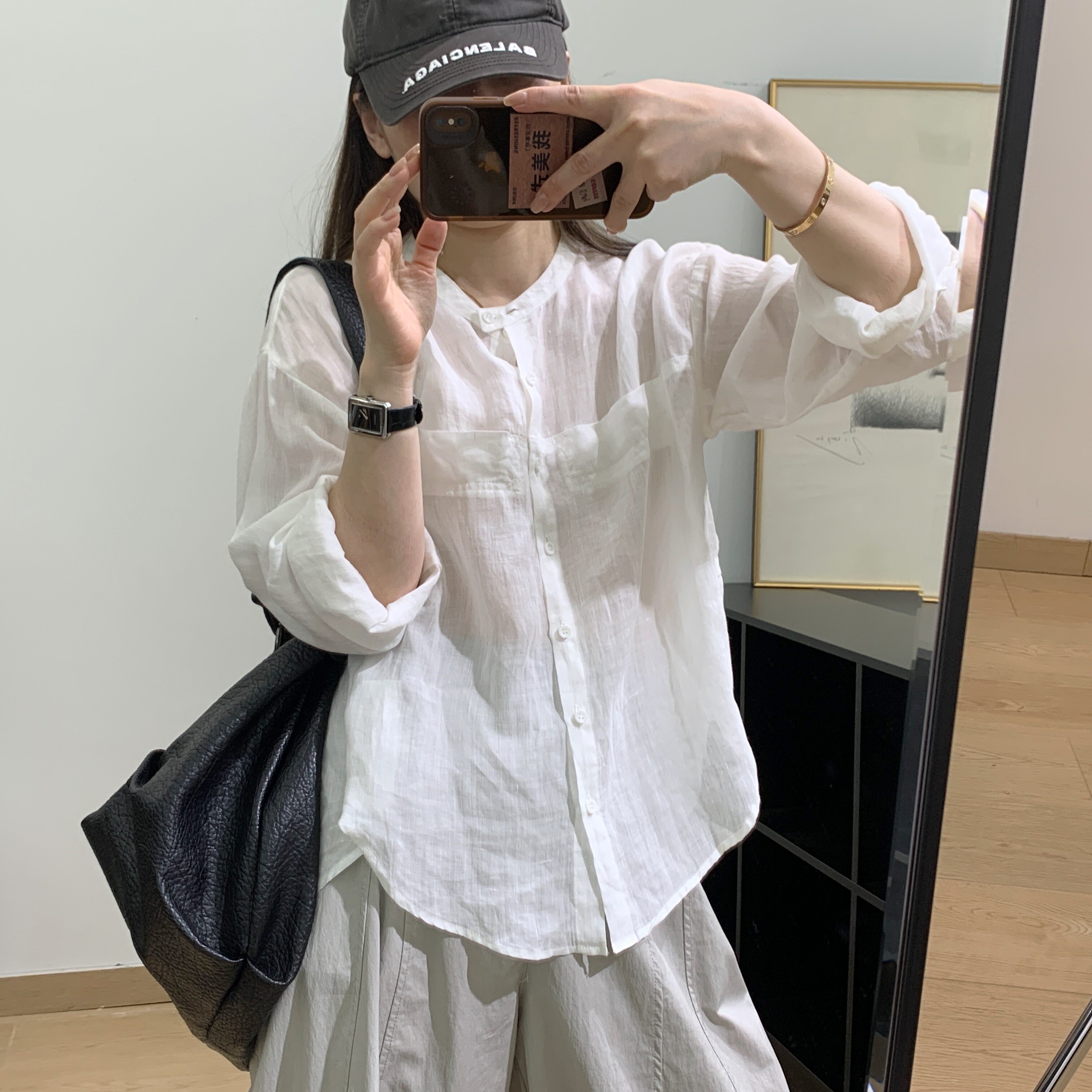 细米定制设计感长袖苎麻圆领衬衫女宽松百搭显瘦防晒衬衣休闲上衣