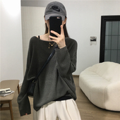 春秋新品 套头宽松上衣 休闲罩衫 苎麻一字领镂空慵懒范针织衫 长袖