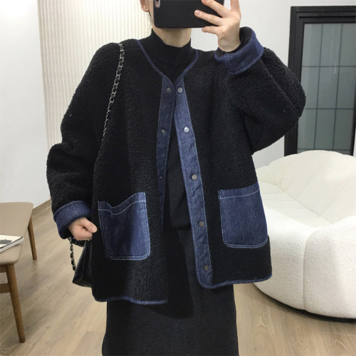 牛仔撞色仿羊羔毛韩系加厚外套